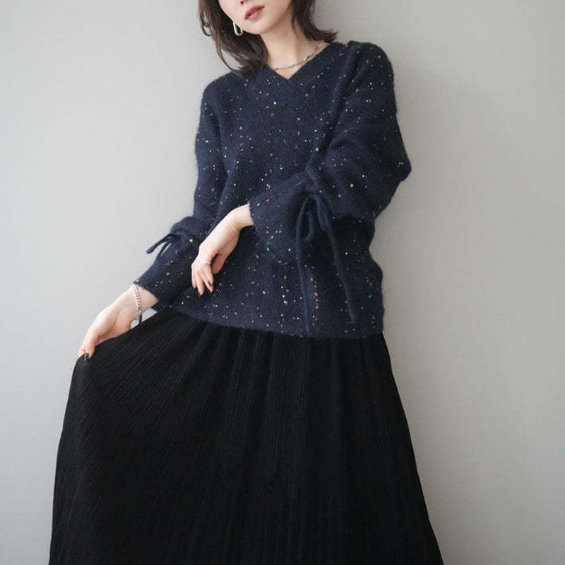 【tops】3色展開Vネックニットトップス Q7702