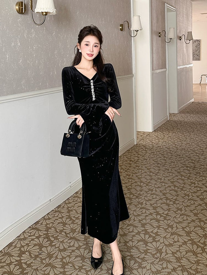 【dress】Vネックベルベットロングワンピース Q7502
