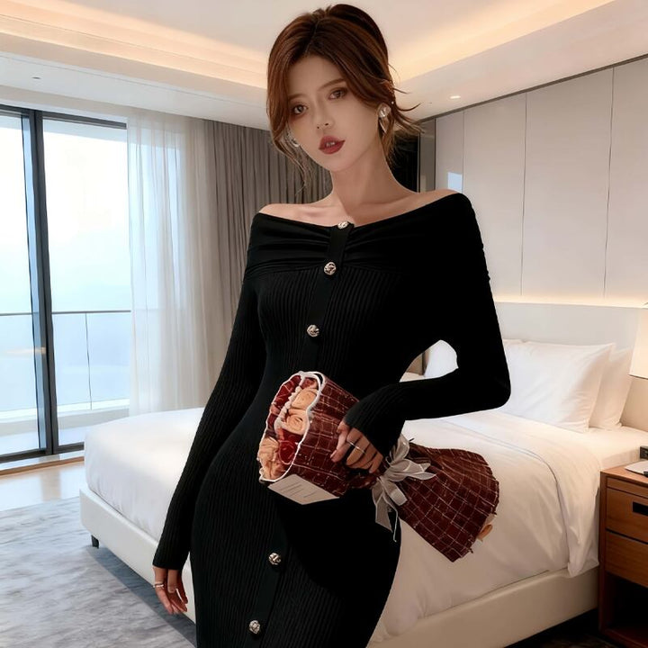【dress】オフショルダーニットワンピース Q7119