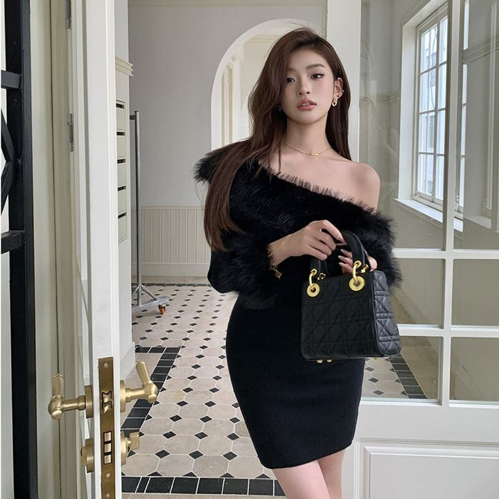 【dress】ファー付きオフショルダーワンピース Q6918