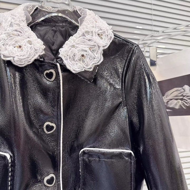 【outer】レースドッキングPU中綿ジャケット Q7336
