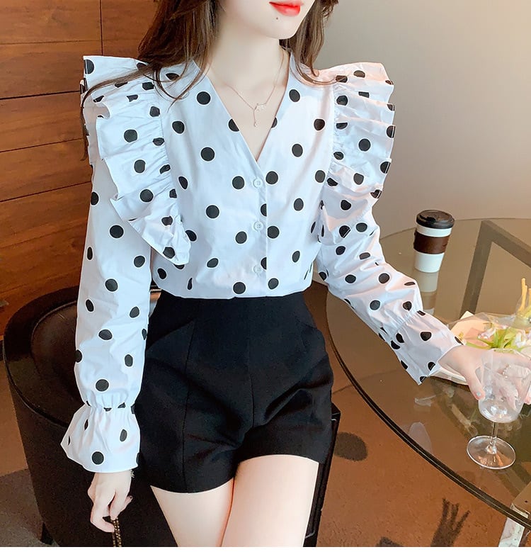 【tops】今季マストバイVネックドット柄シャツトップス　M17151