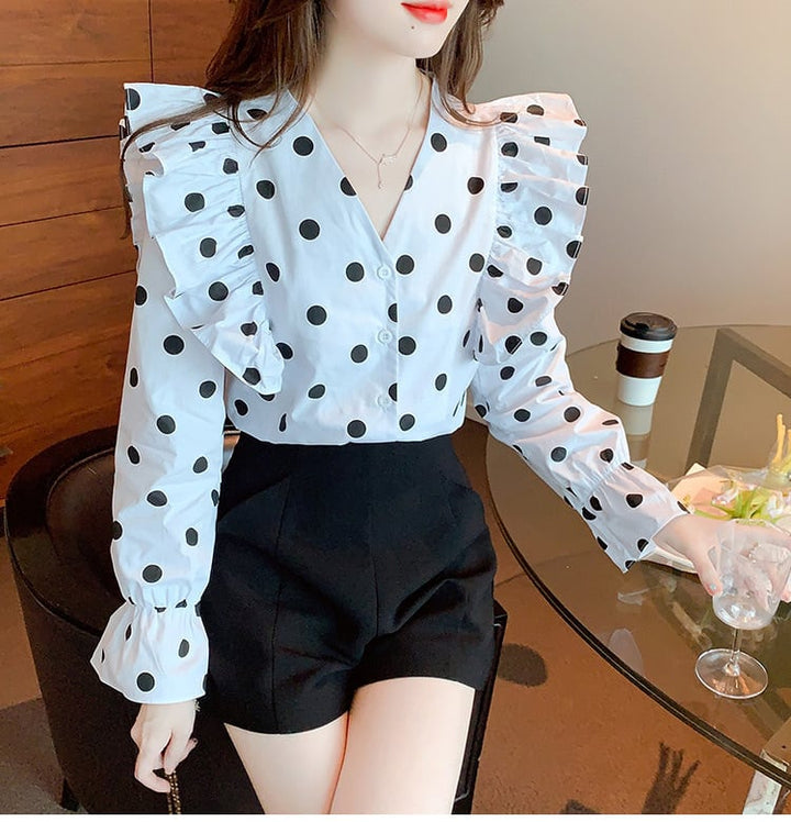 【tops】今季マストバイVネックドット柄シャツトップス　M17151