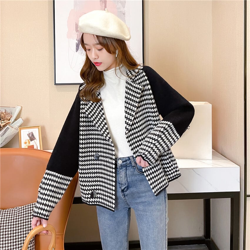 【outer】千鳥格子ドッキングニットコート　M18143