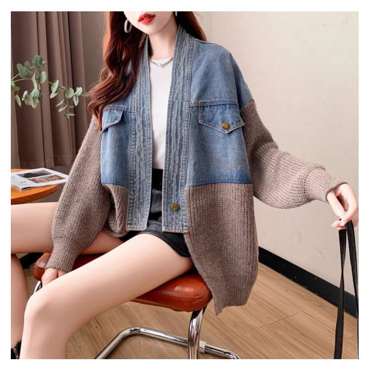 【outer】デニム切り替えニットカーデ　M25746