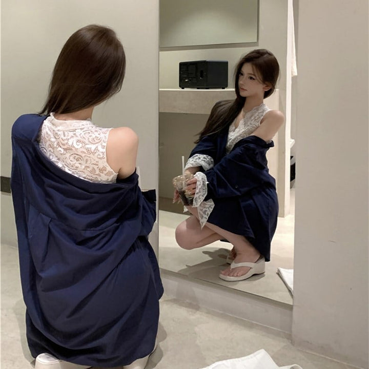 【set】UVカットシャツ×レースノースリーブトップスセット　N2685