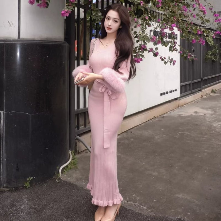 【dress】袖ファーロングニットワンピース Q7811