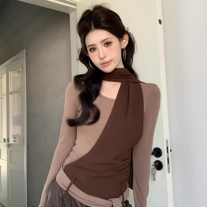 【tops】スカーフデザインフェイクレイヤードトップス Q8137
