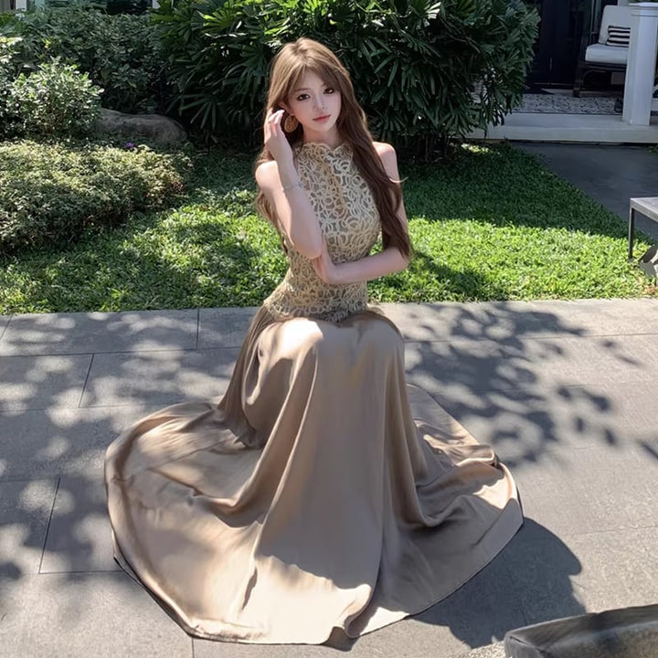 【dress】サテンドッキングノースリーブロングワンピース Q8045