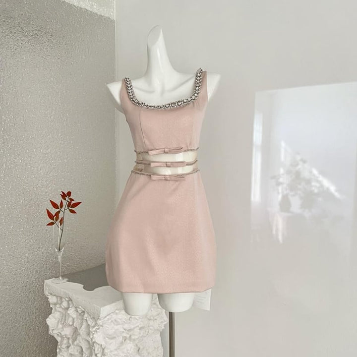【dress】リボン付きチュールドッキングキャミワンピース Q7974