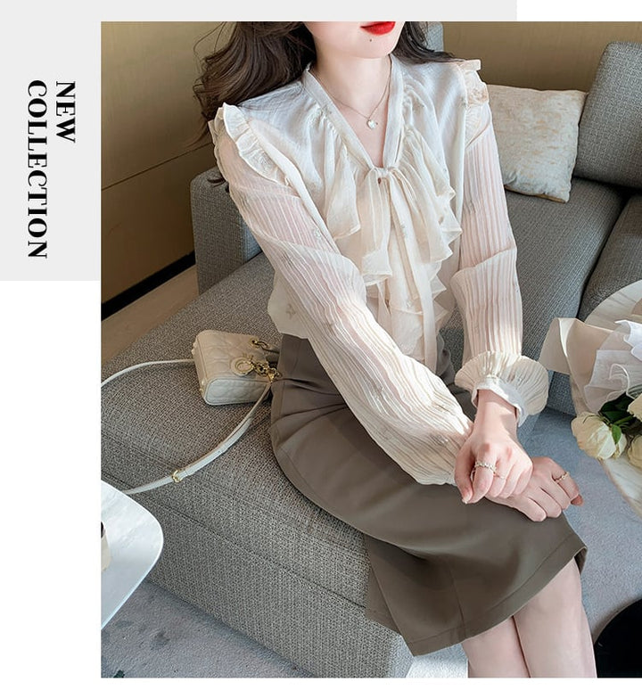【tops】リボン付きシャツトップス　M28617