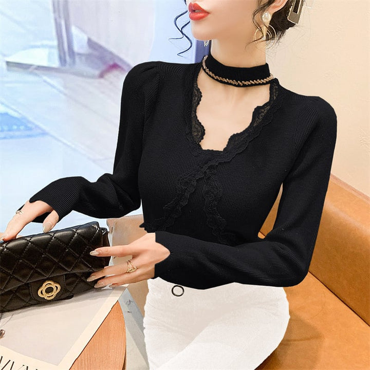 【tops】ビジューレース切り替えニットトップス　M27732