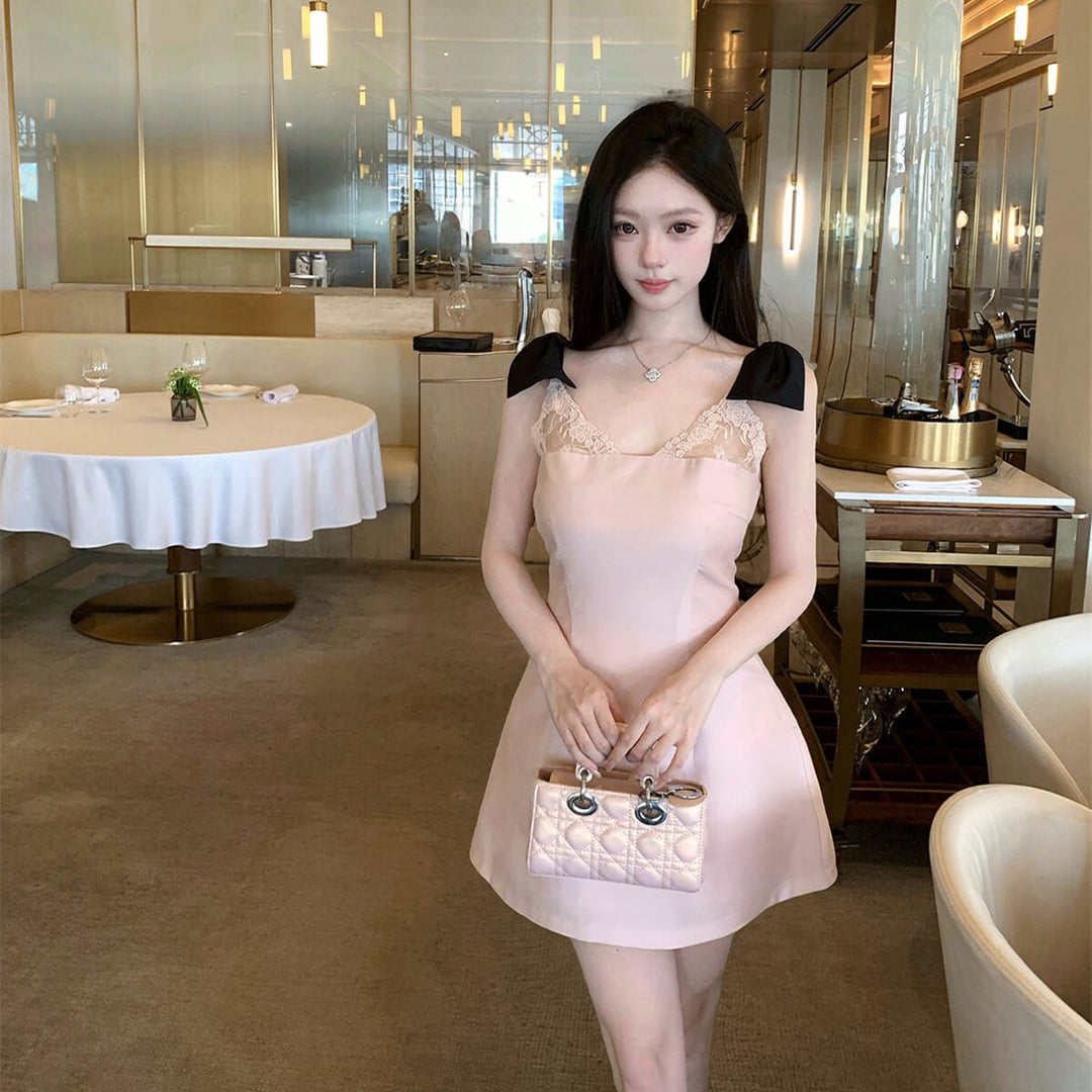【dress】ショルダーリボンレースミニワンピース　N3129