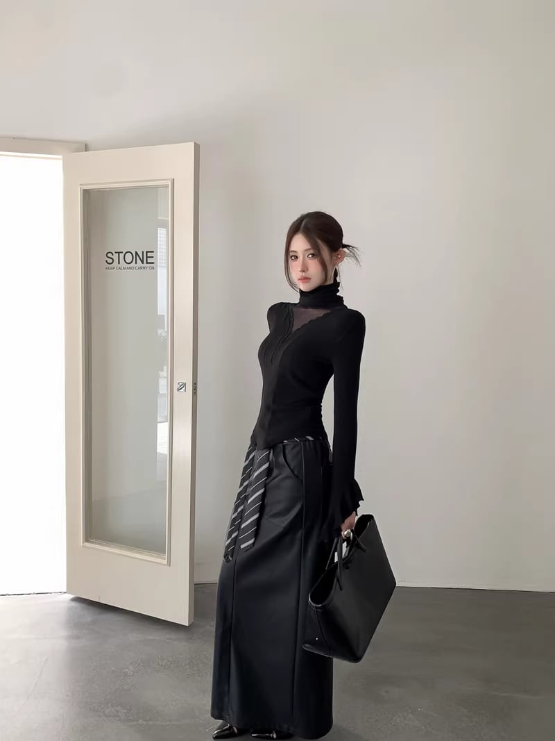 【tops】ハイネックチュールドッキングトップス Q8054