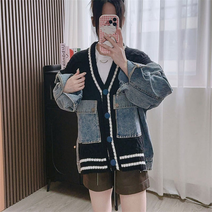 【outer】デニム切り替えニットカーデ　M25784