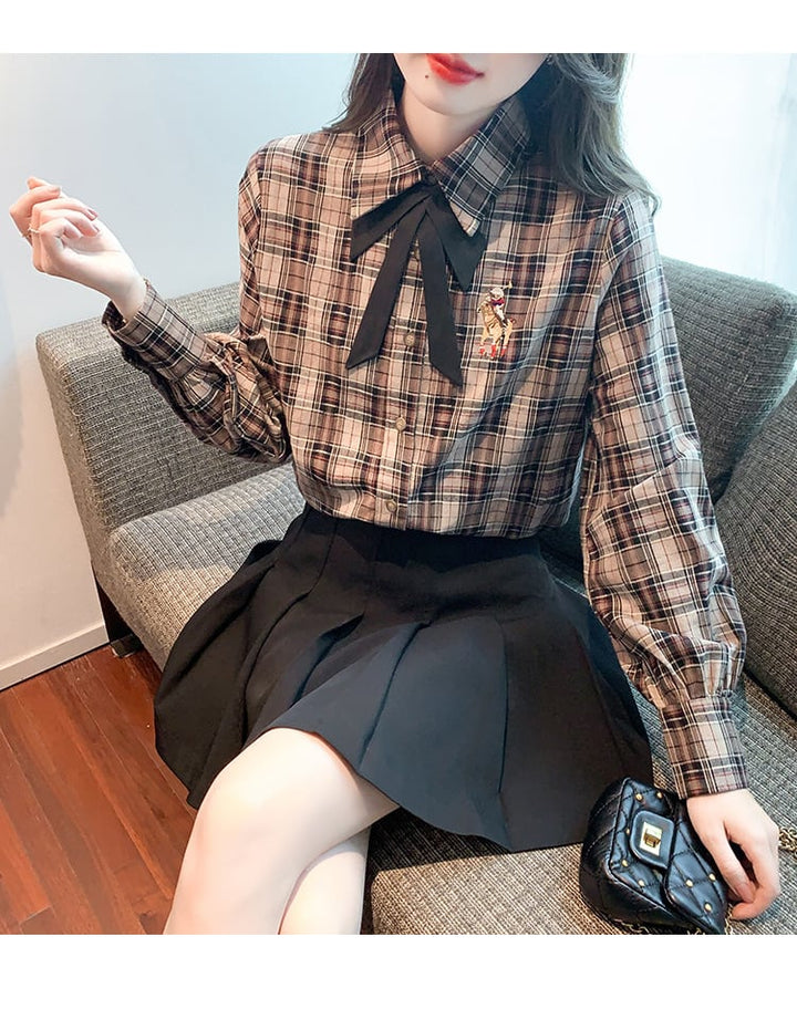 【tops】気質満点大人可愛いリボン付きチェック柄シャツ　M17329