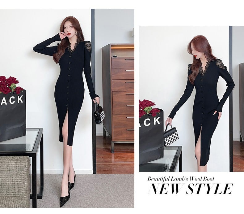 【dress】韓国系レース切り替えニットワンピース　M17631