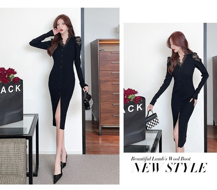 【dress】韓国系レース切り替えニットワンピース　M17631