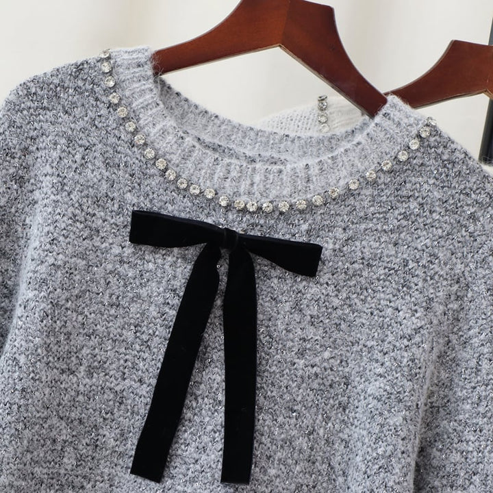 【tops】ビジューリボン付きニットセーター　M28375