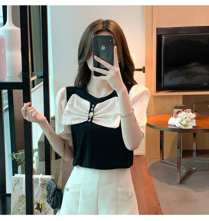 【tops】知的で品の良い♡エレガントリボン付きTシャツ　M16838