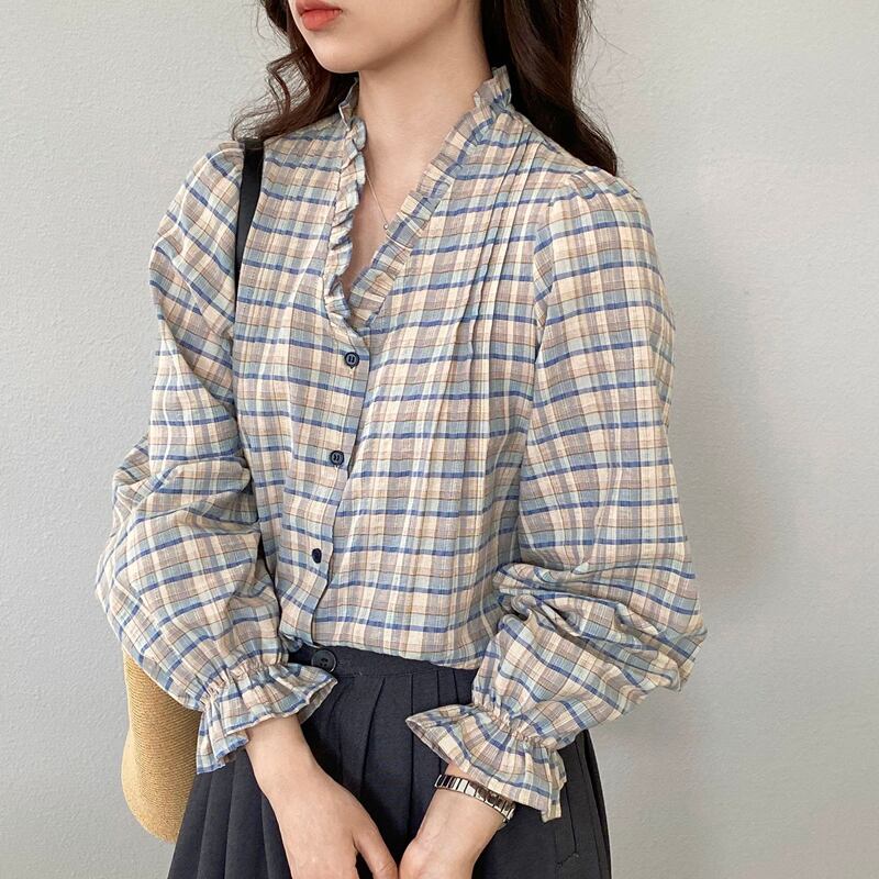 【tops】ギャザーフリル付きチェック柄トップス Q8281