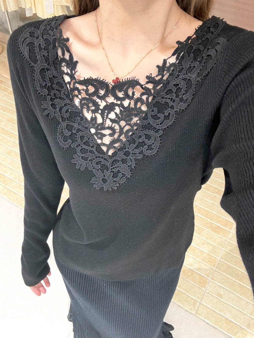 【tops】レースドッキングニットトップス Q9137