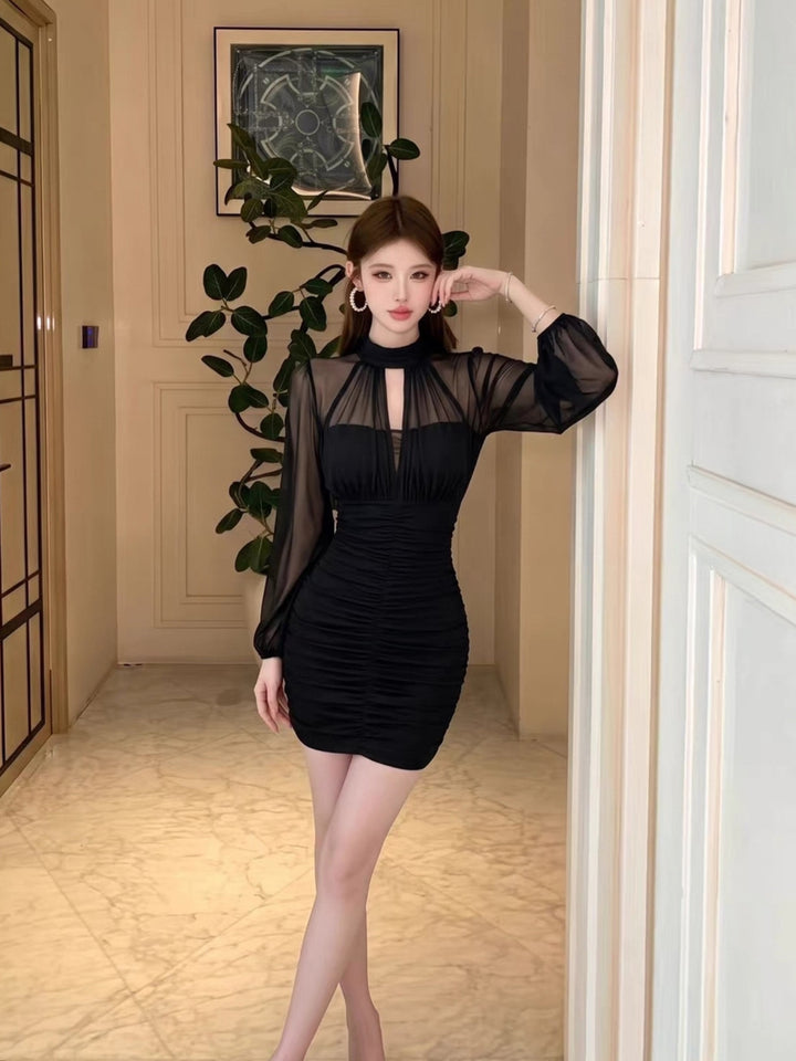 【dress】チュールドッキングギャザーワンピース Q9325