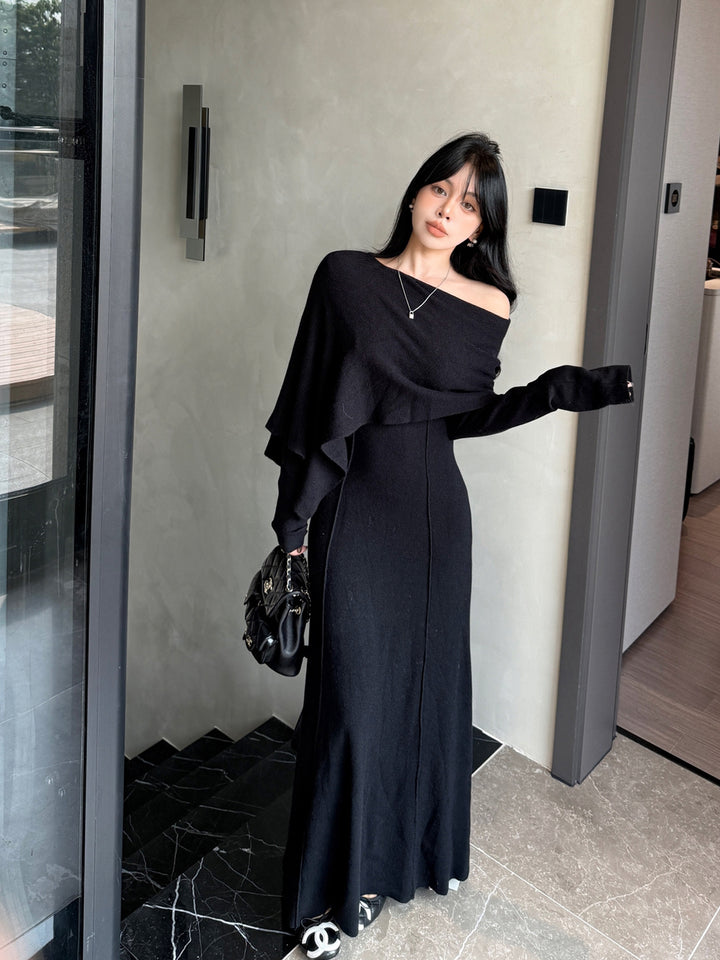 【dress】ケープ付きニットロングワンピース Q9179