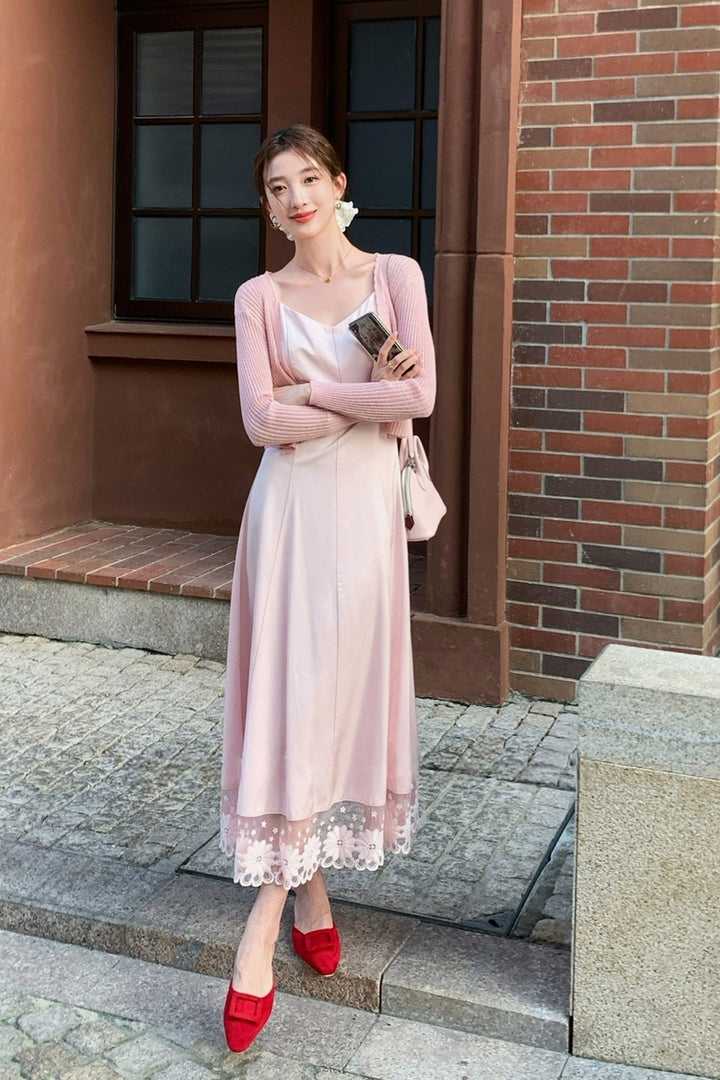 【dress】レースドッキングロングキャミワンピース Q8680