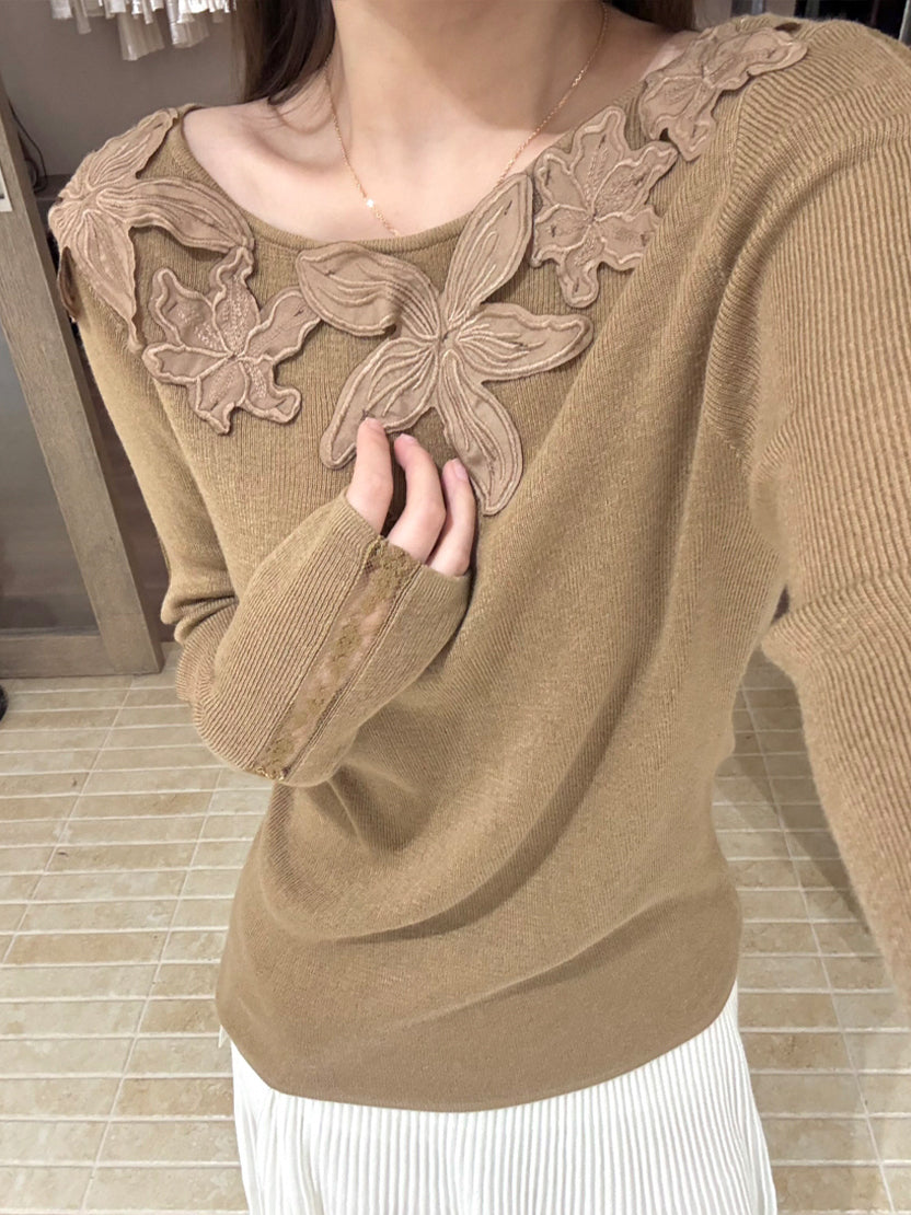 【tops】立体フラワー付きニットトップス Q9138