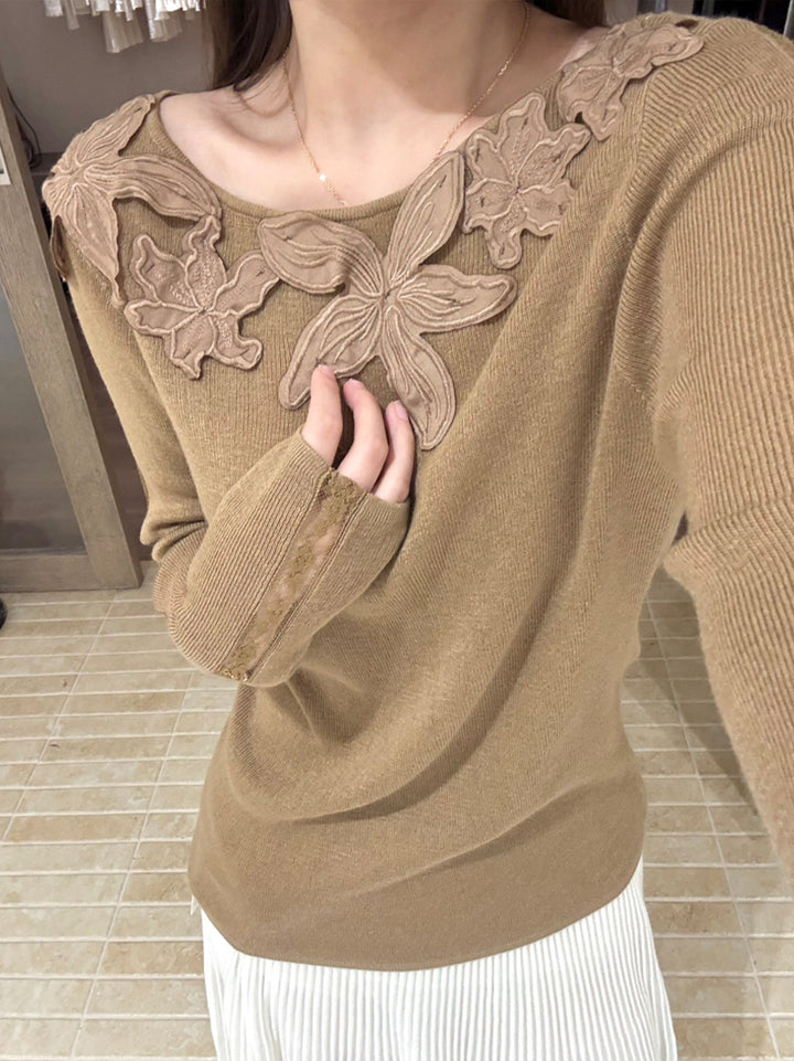 【tops】立体フラワー付きニットトップス Q9138