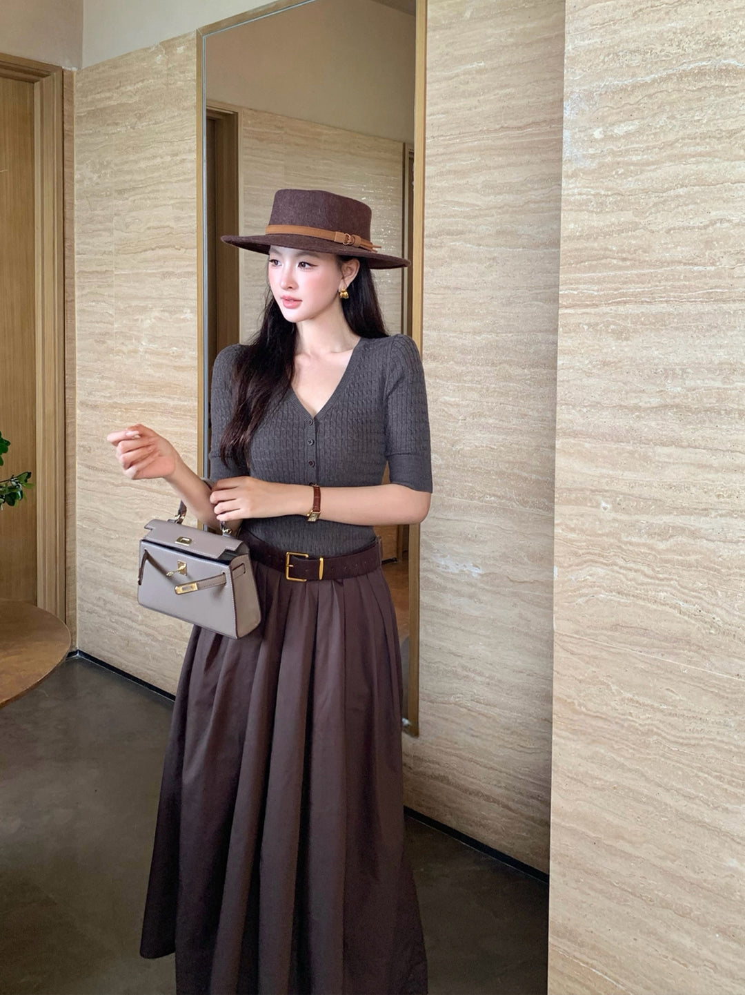 【dress】半袖ニットドッキングロングワンピース Q8920