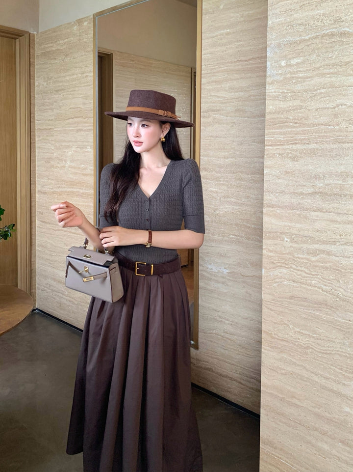 【dress】半袖ニットドッキングロングワンピース Q8920