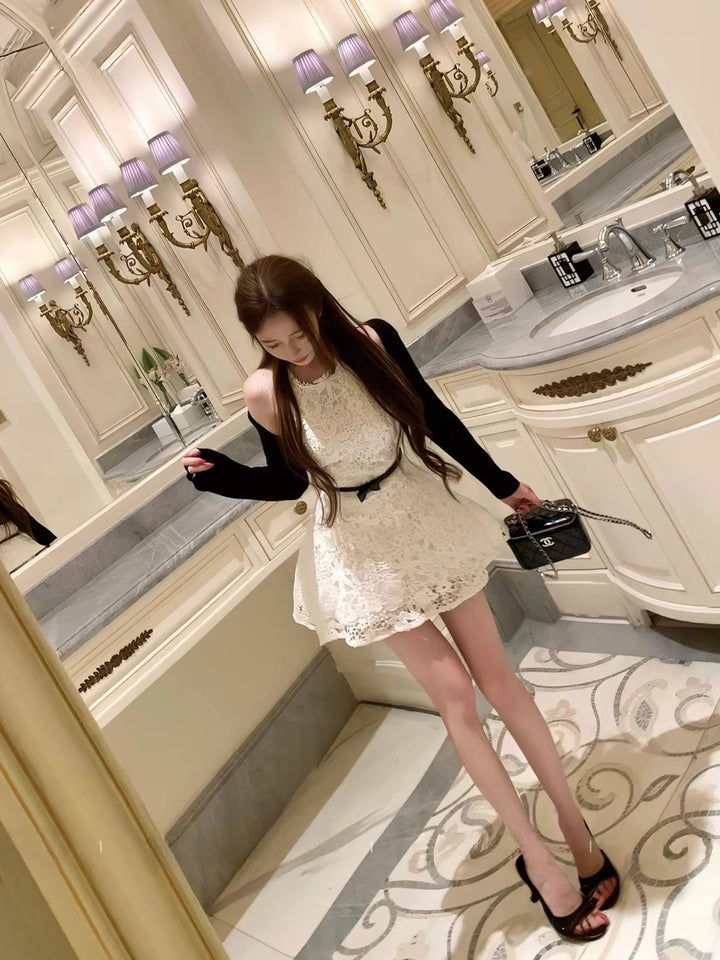 【dress】ベルト付きノースリーブレースワンピース Q8755