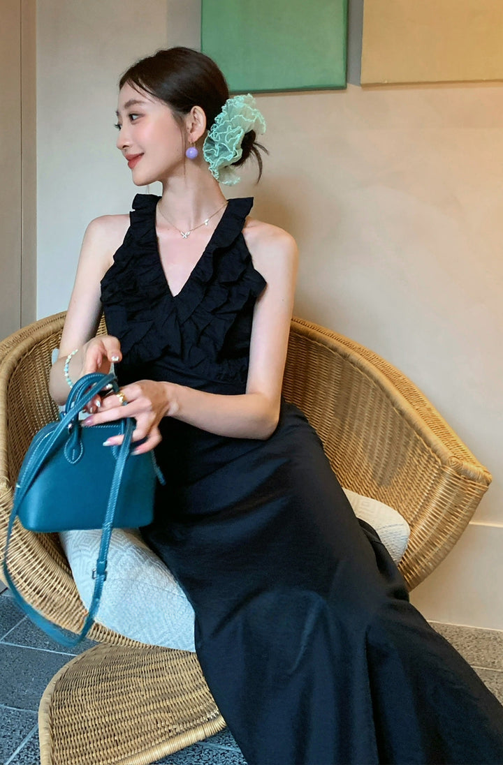 【dress】ノースリーブVネックギャザーフリルワンピース Q8678