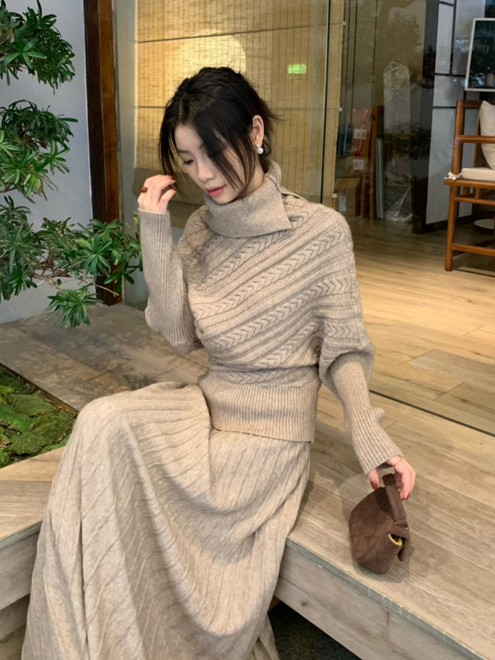 【set】ハイネックニットトップス×ロングスカートセット Q9253