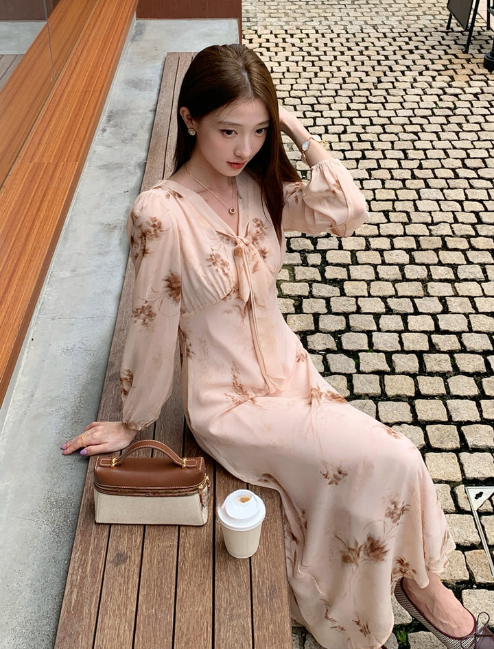 【dress】ボウタイフラワー柄ロングワンピース Q8919