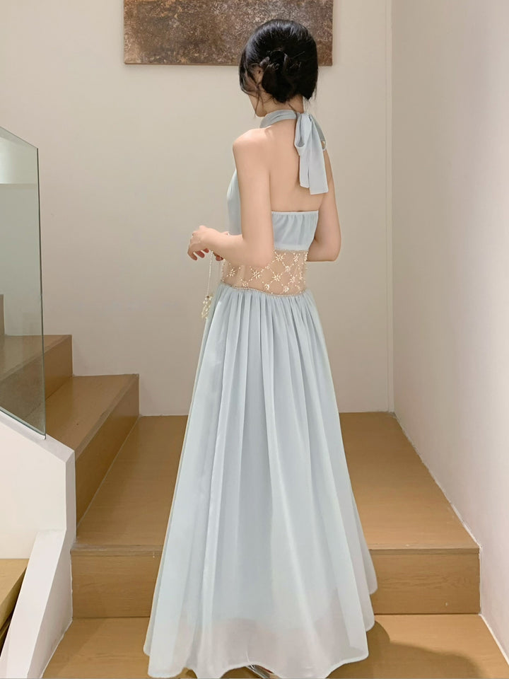 【dress】ホルターネックレースドッキングロングワンピース Q8660