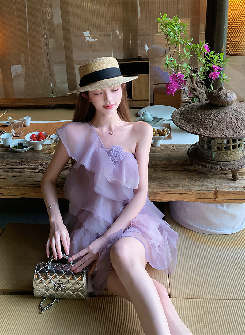 【dress】ワンショルダーチュールティアードワンピース Q8603