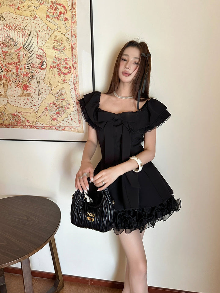 【dress】リボン付きレースドッキングミニワンピース Q8692