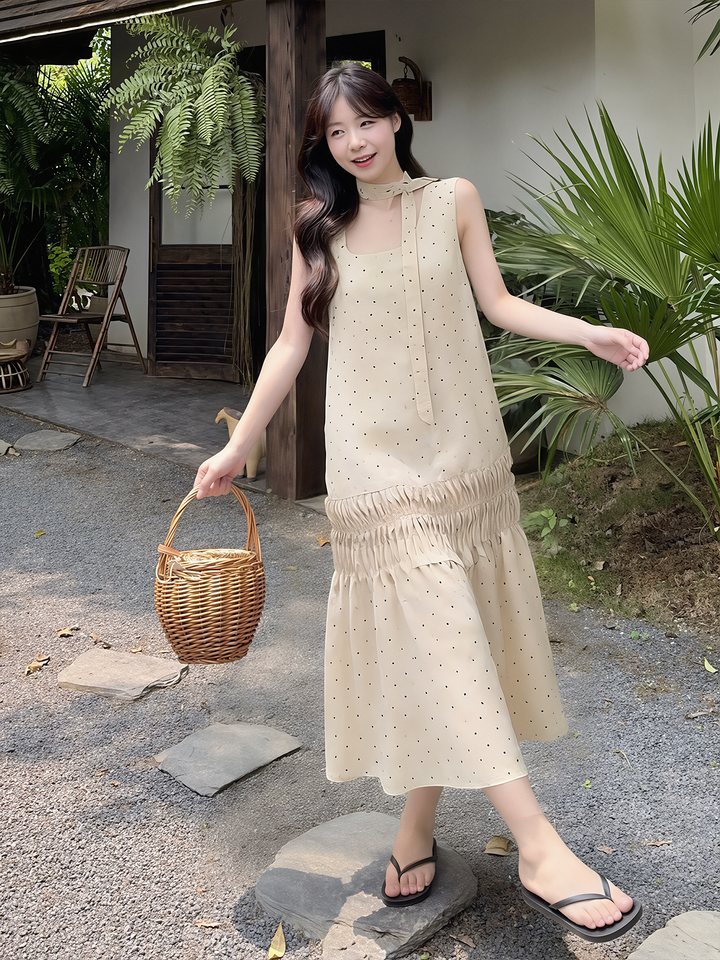【dress】ドット柄ロングベストワンピース Q8592