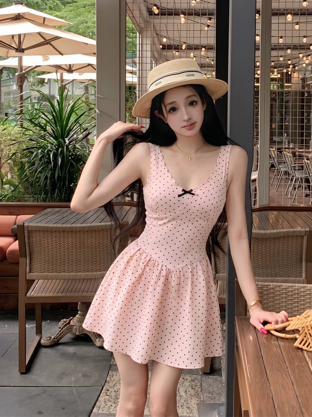 【dress】ドット柄ノースリーブミニワンピース Q8563