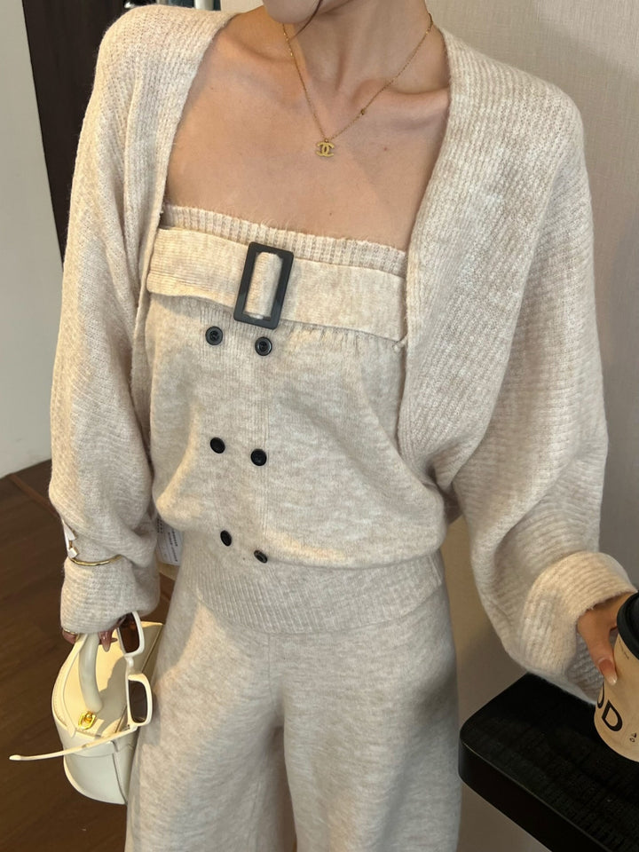 【set】ベルト付きニットチューブトップス×ニットカーディガン×ワイドパンツ3点セット Q9309