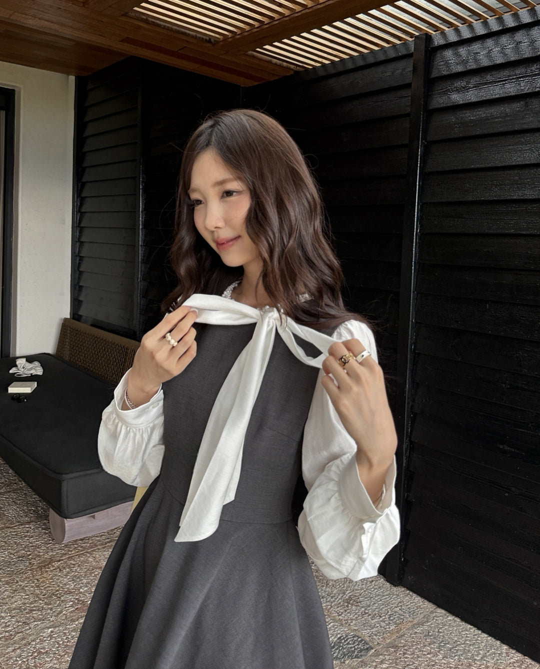 【dress】リボン付きフェイクレイヤードワンピース Q8928