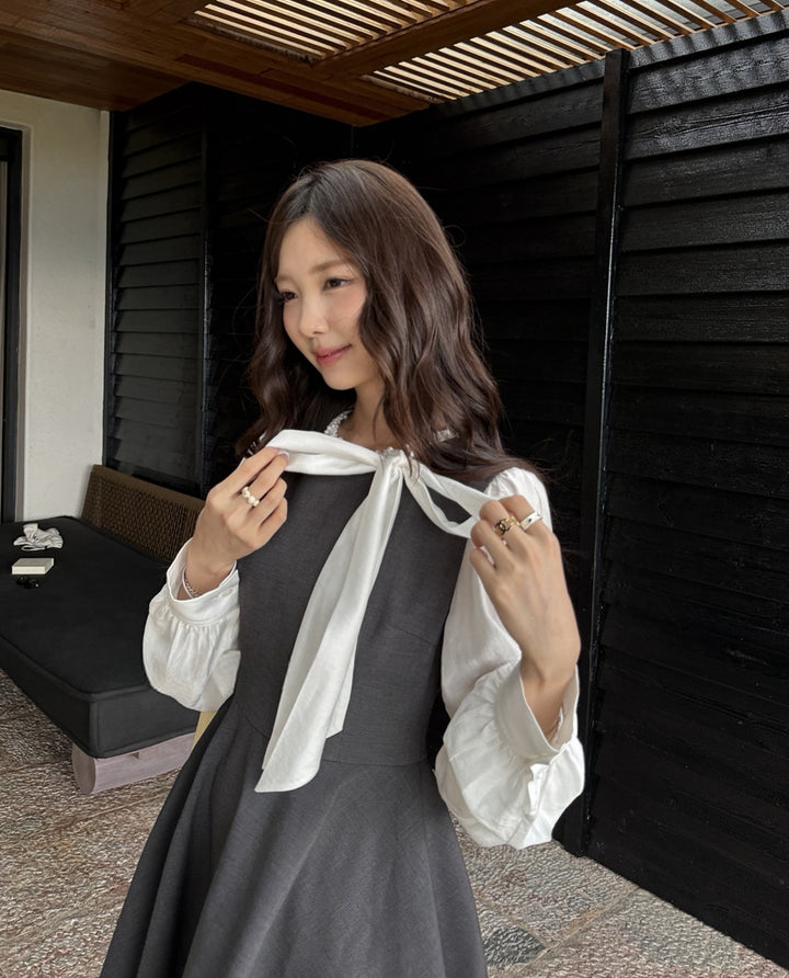 【dress】リボン付きフェイクレイヤードワンピース Q8928