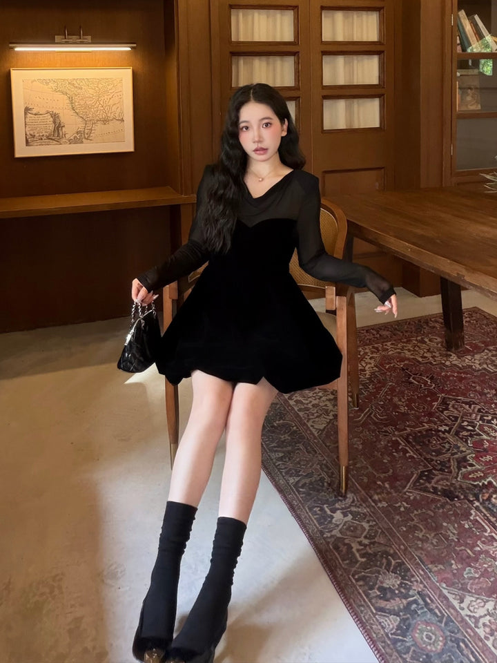 【dress】シアーチュールドッキングバルーンワンピース Q9090