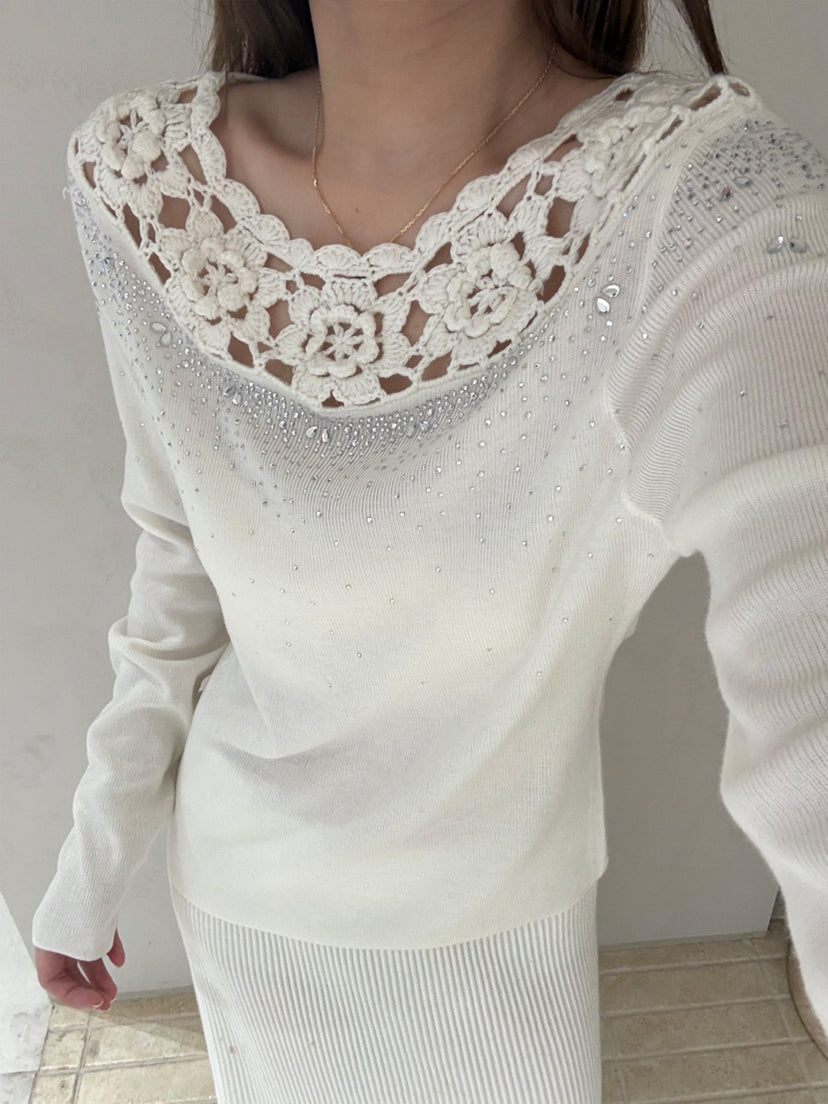 【tops】レースネックニットトップス Q9128