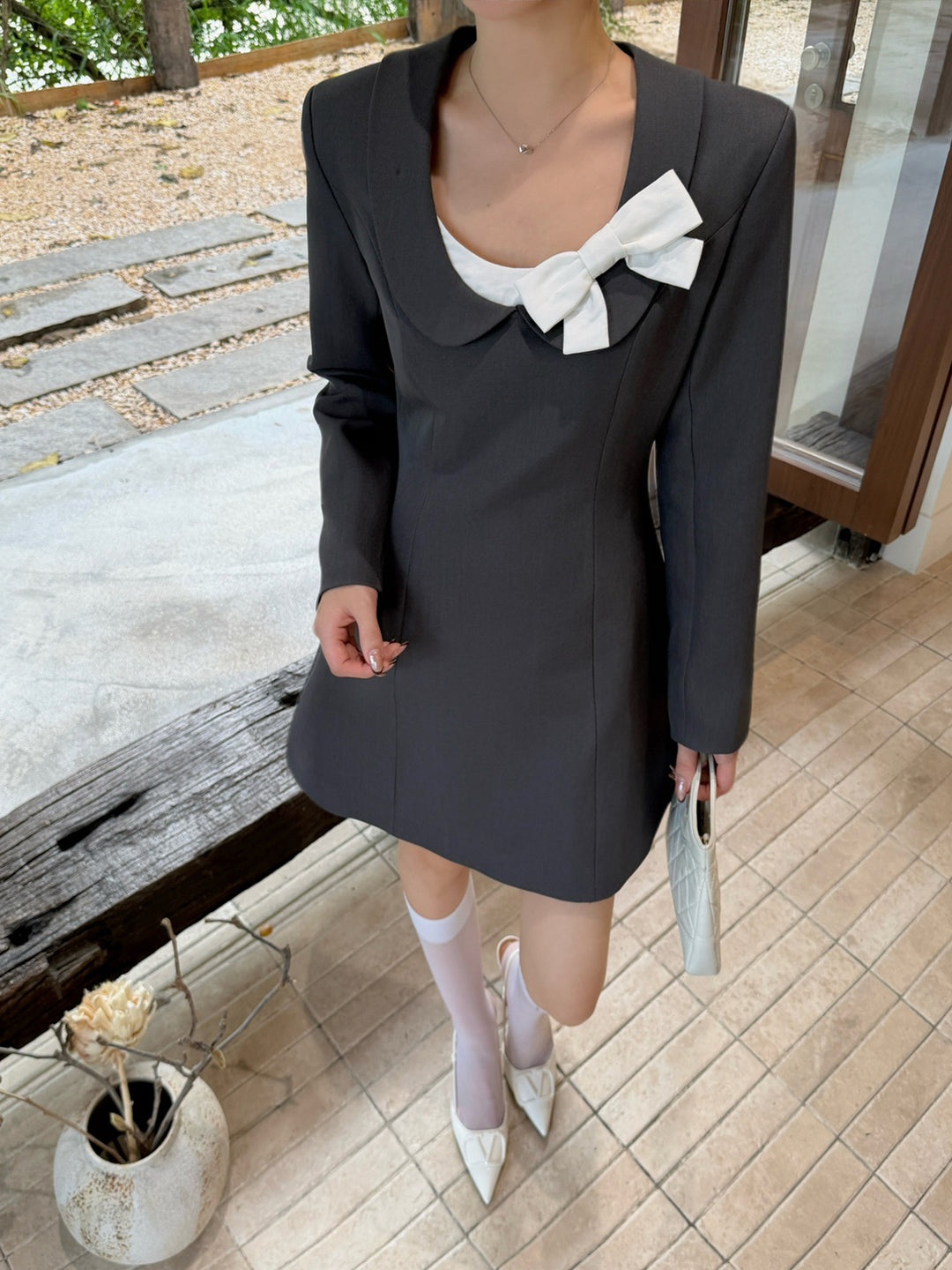 【dress】リボン付きピーターパンカラーワンピース Q8980