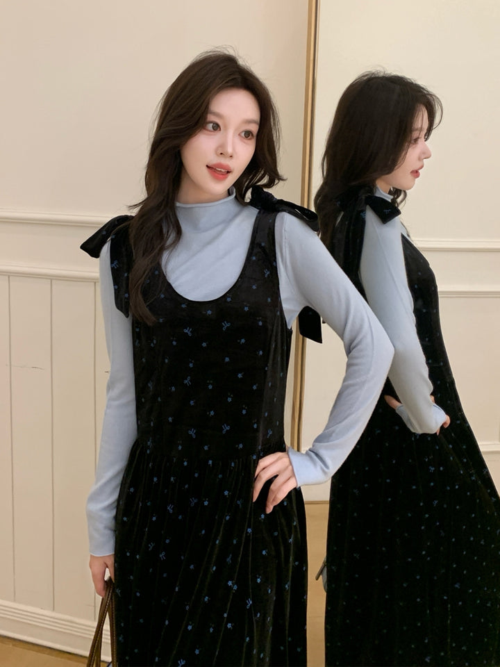 【set】ベルベットロングワンピース×ハイネックトップスセット Q9244
