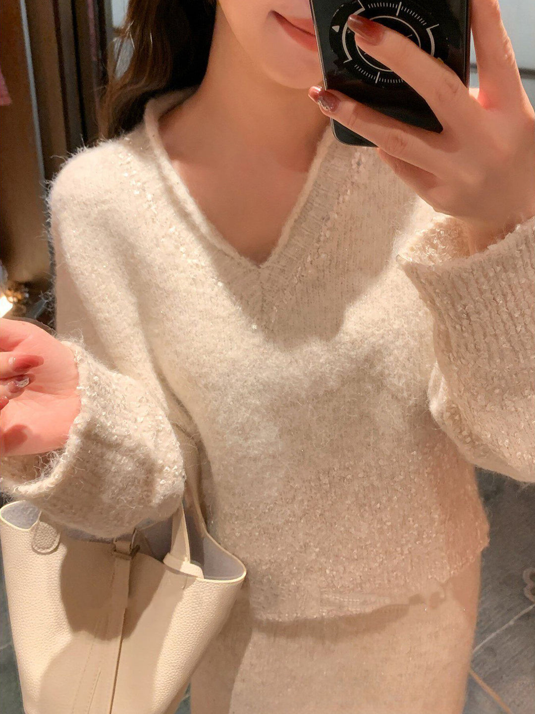 【set】ラメ入りニットトップス×ロングスカートセット Q9170
